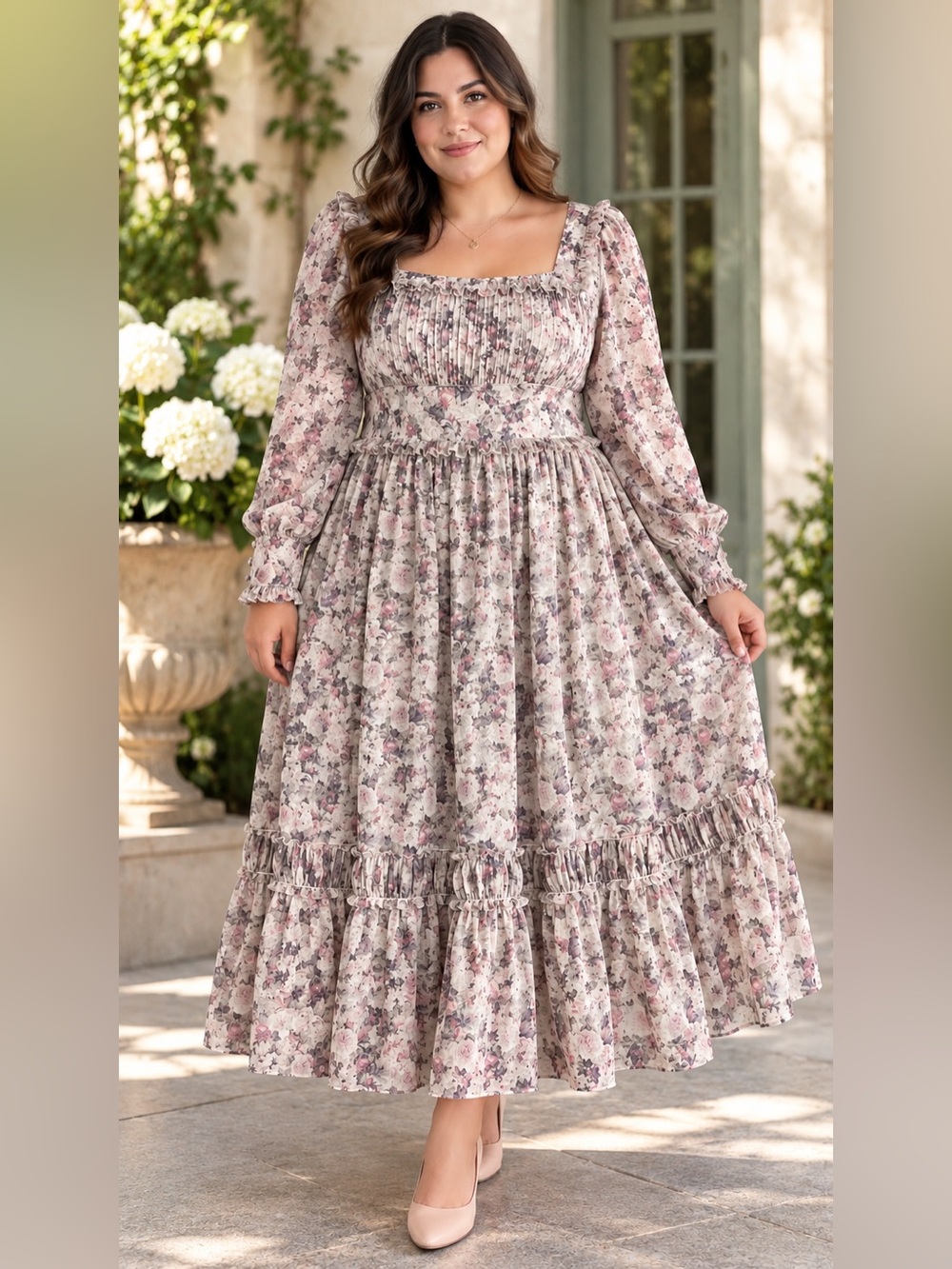 Ivy City Co Viola Floral Chiffon Ruffle Midi Dress Size 1X